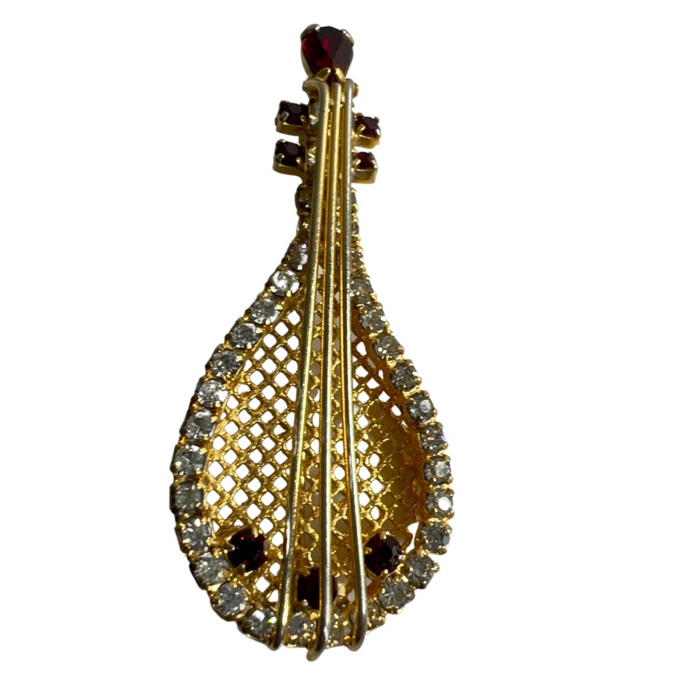 Vintage Weiss Clear Red Rhinestone Guitar Bango Gold Tone Brooch